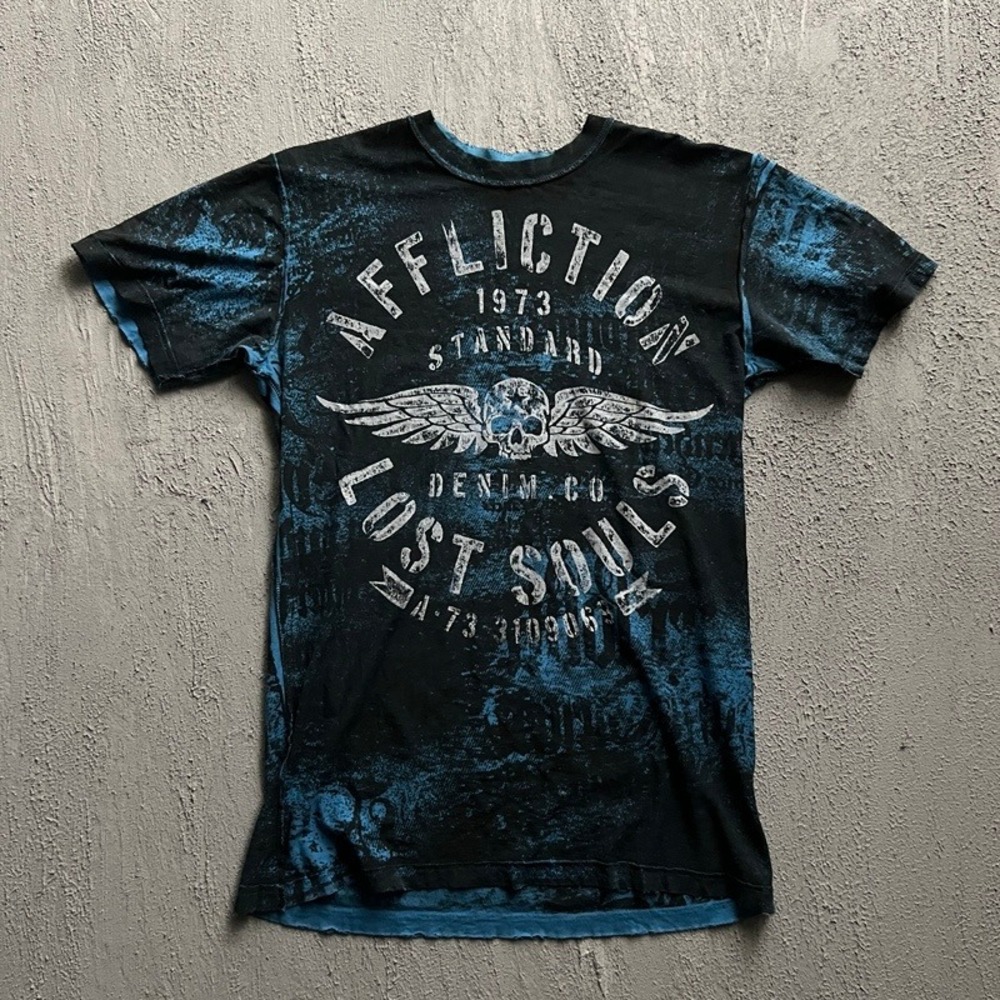 Affliction Reversible Shirt Medium Blue 2000s Y2K MMA USA Distressed